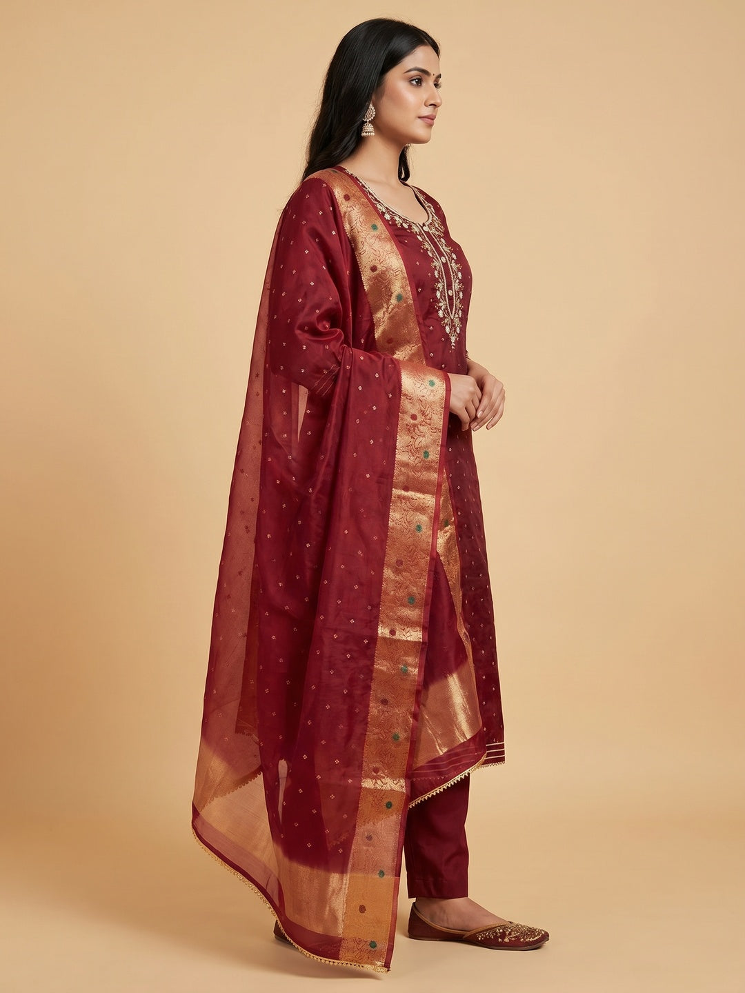 Maroon Woven With Handwork Chanderi Silk Dress Material - Image 3