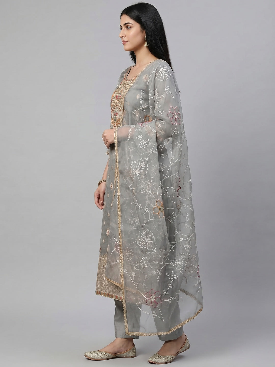Grey Woven With Handwork Organza Dress Material - Image 2
