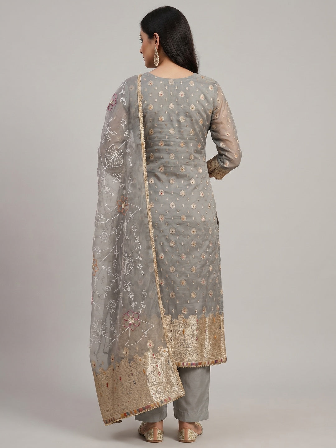 Grey Woven With Handwork Organza Dress Material - Image 3