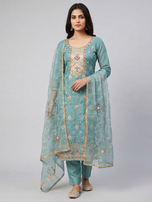 Blue Woven With Handwork Organza Dress Material - Image 1