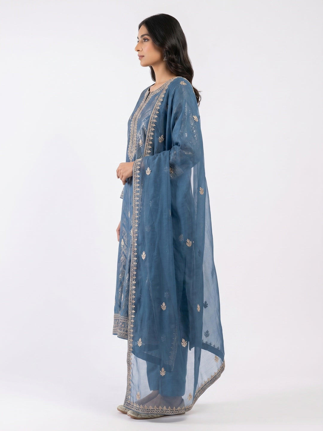 Blue Woven With Handwork Organza Dress Material - Image 3
