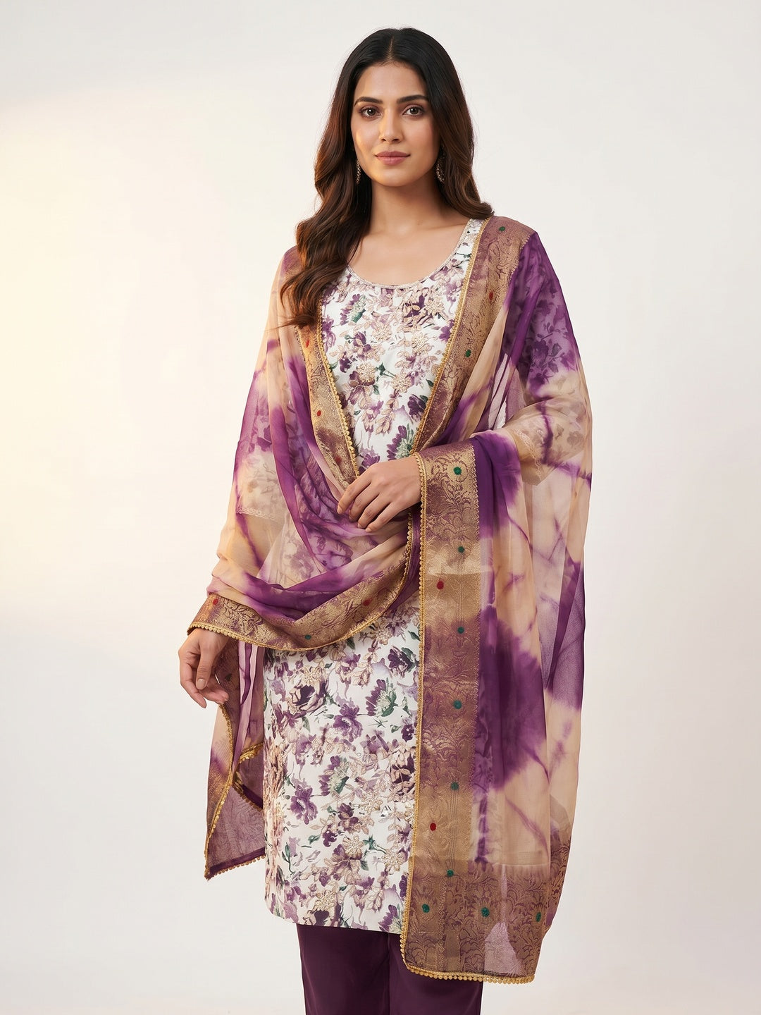 Purple Floral Printed With Handwork Pure Cotton Dress Material - Image 1