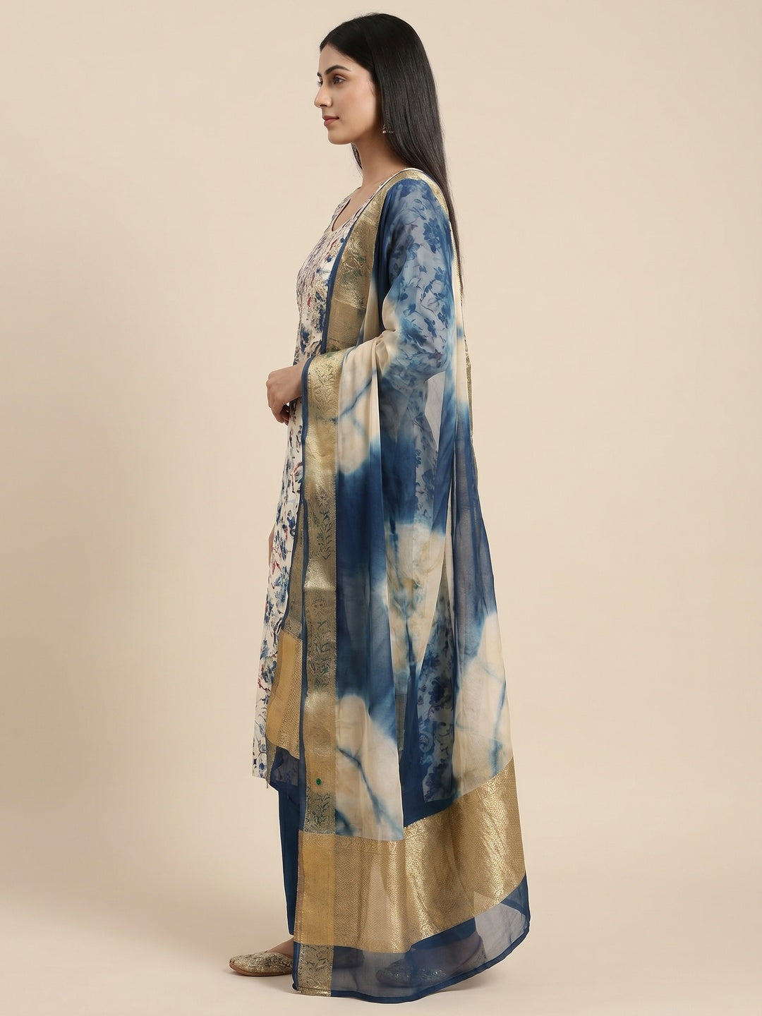 Blue Floral Printed With Handwork Pure Cotton Dress Material - Image 3