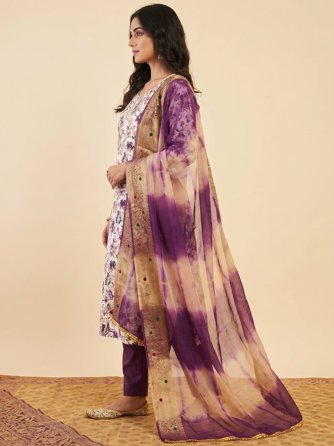 Purple Floral Printed With Handwork Pure Cotton Dress Material - Image 3