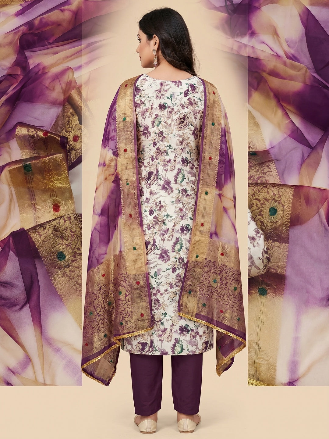 Purple Floral Printed With Handwork Pure Cotton Dress Material - Image 2