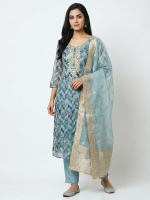 Blue Digital Printed With Woven Organza Dress Material - Image 1