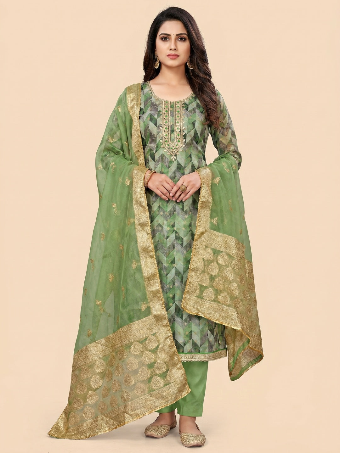 Green Digital Printed With Woven Organza Dress Material - Image 1