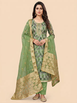 Green Digital Printed With Woven Organza Dress Material - Image 1
