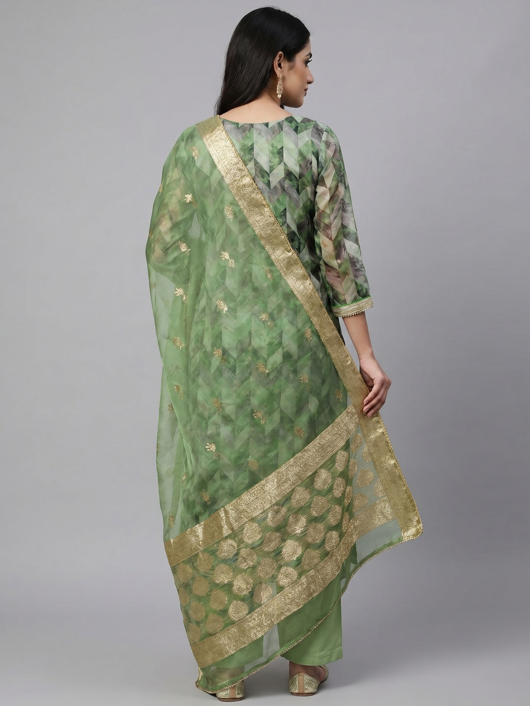 Green Digital Printed With Woven Organza Dress Material - Image 2