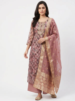 Mauve Digital Printed With Woven Organza Dress Material - Image 1