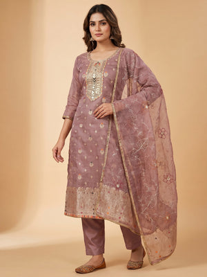 Mauve Woven With Handwork Organza Dress Material - Image 1