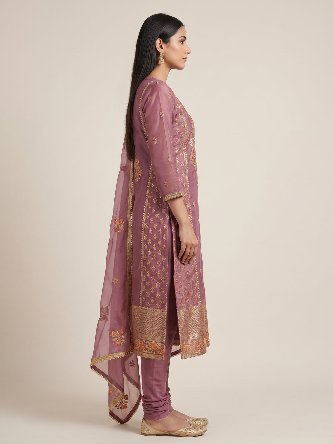 Mauve Woven With Handwork Organza Dress Material - Image 2