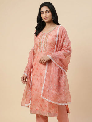 Peach Digital Printed With Woven Chanderi Silk Dress Material - Image 1