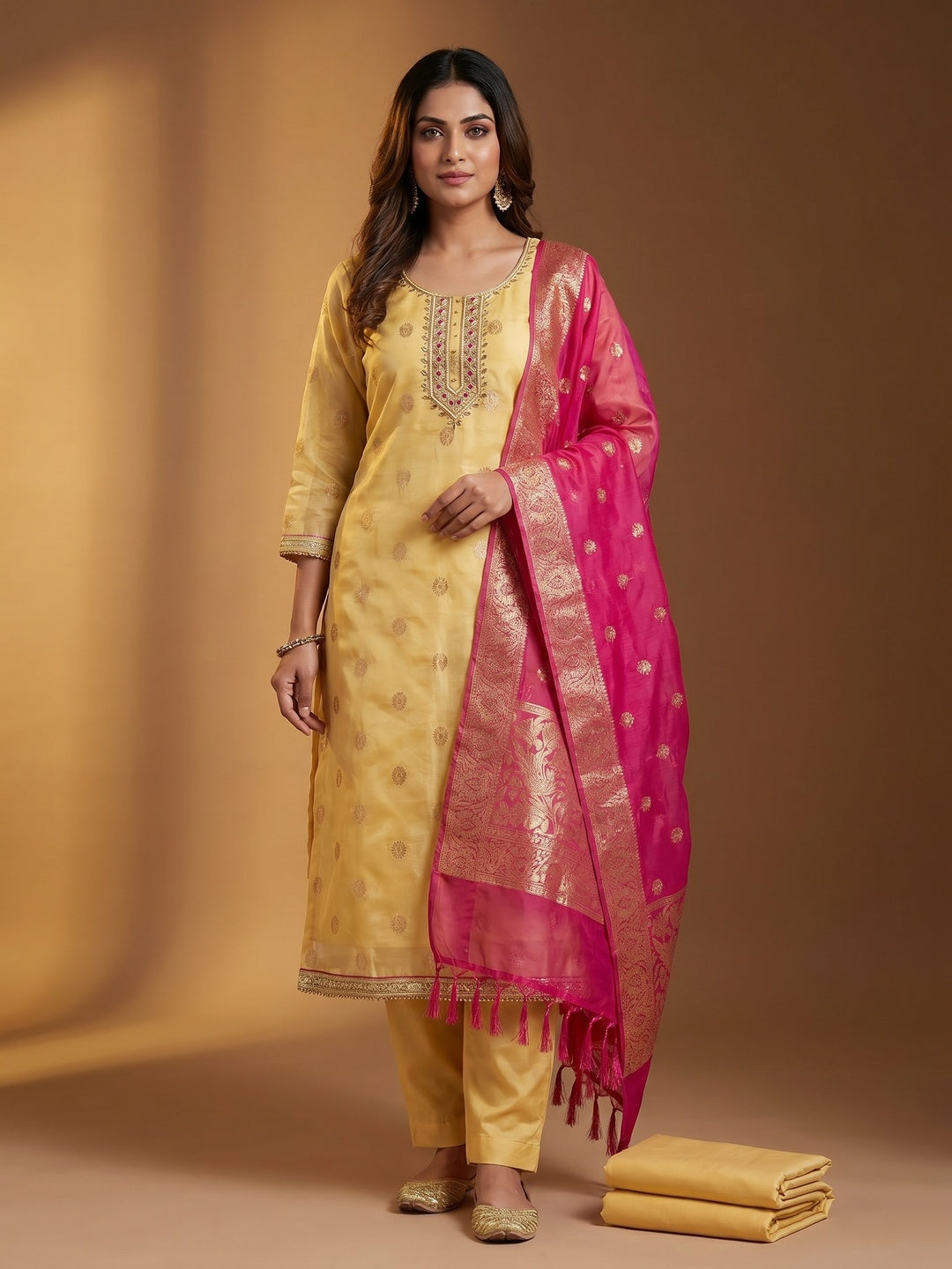Yellow Woven With Handwork Organza Dress Material - Image 1