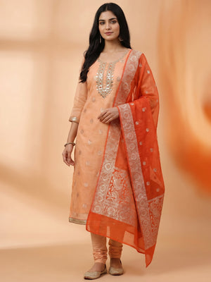 Peach Woven With Handwork Organza Dress Material - Image 1