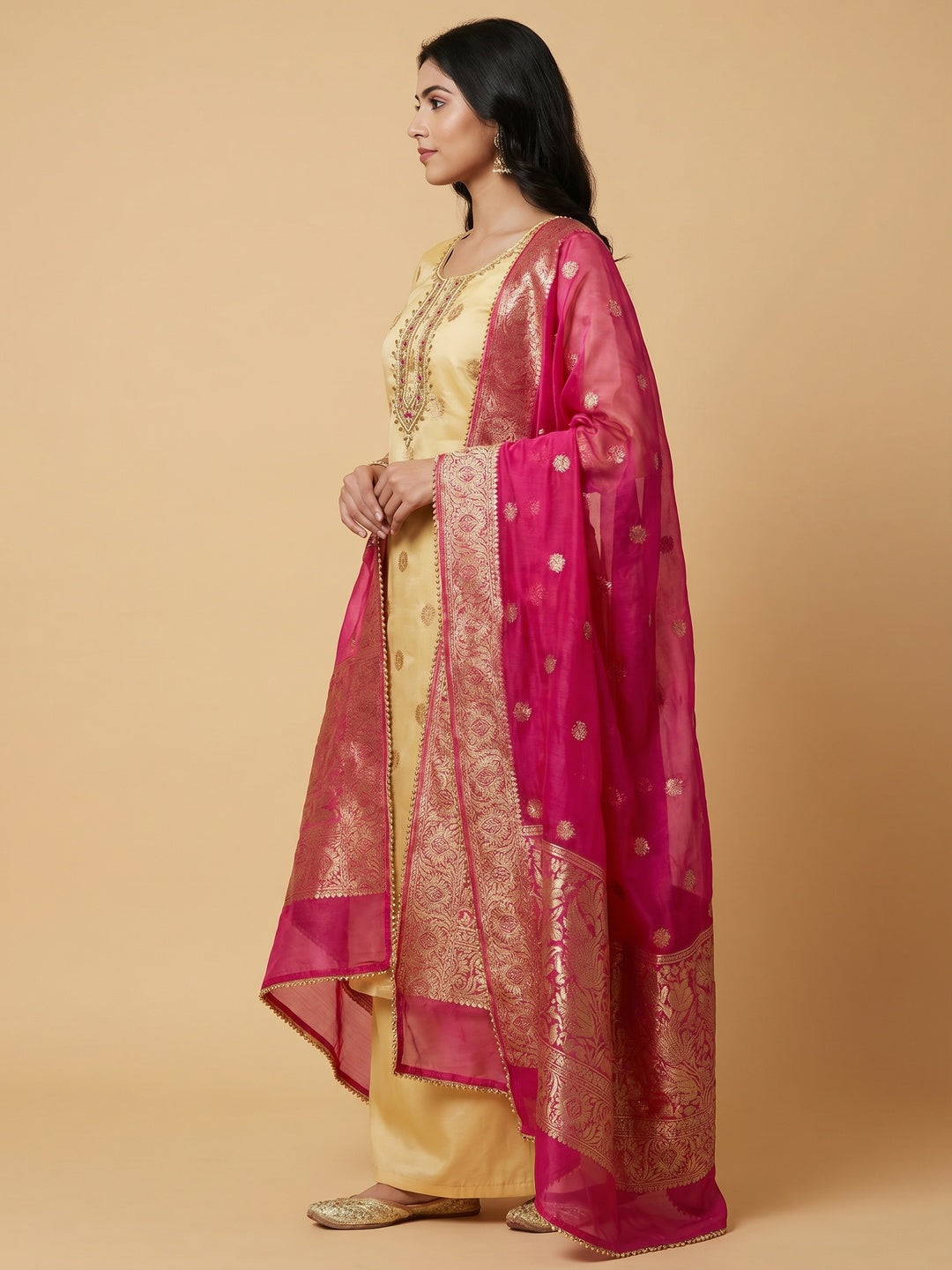 Yellow Woven With Handwork Organza Dress Material - Image 3