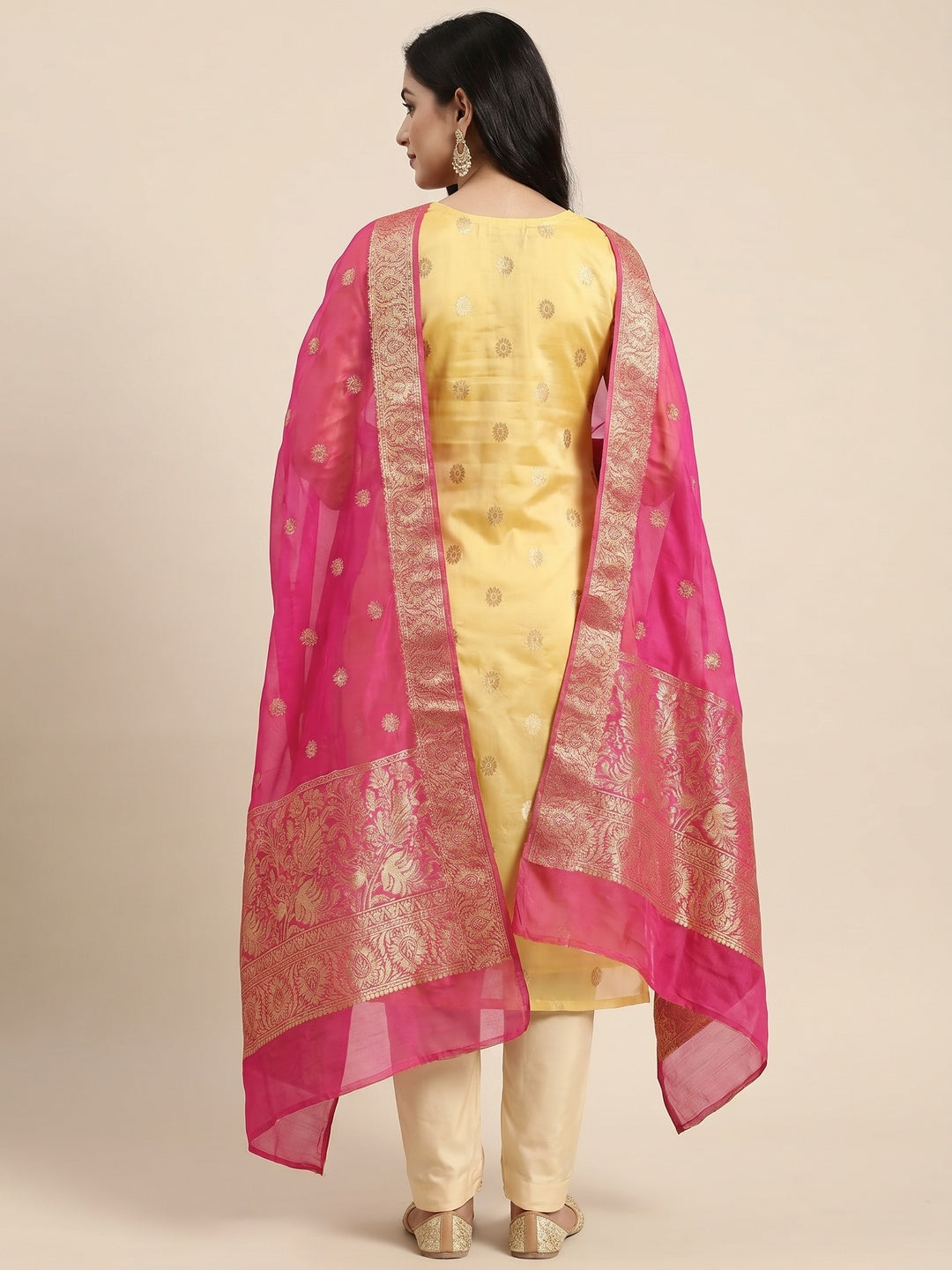 Yellow Woven With Handwork Organza Dress Material - Image 2