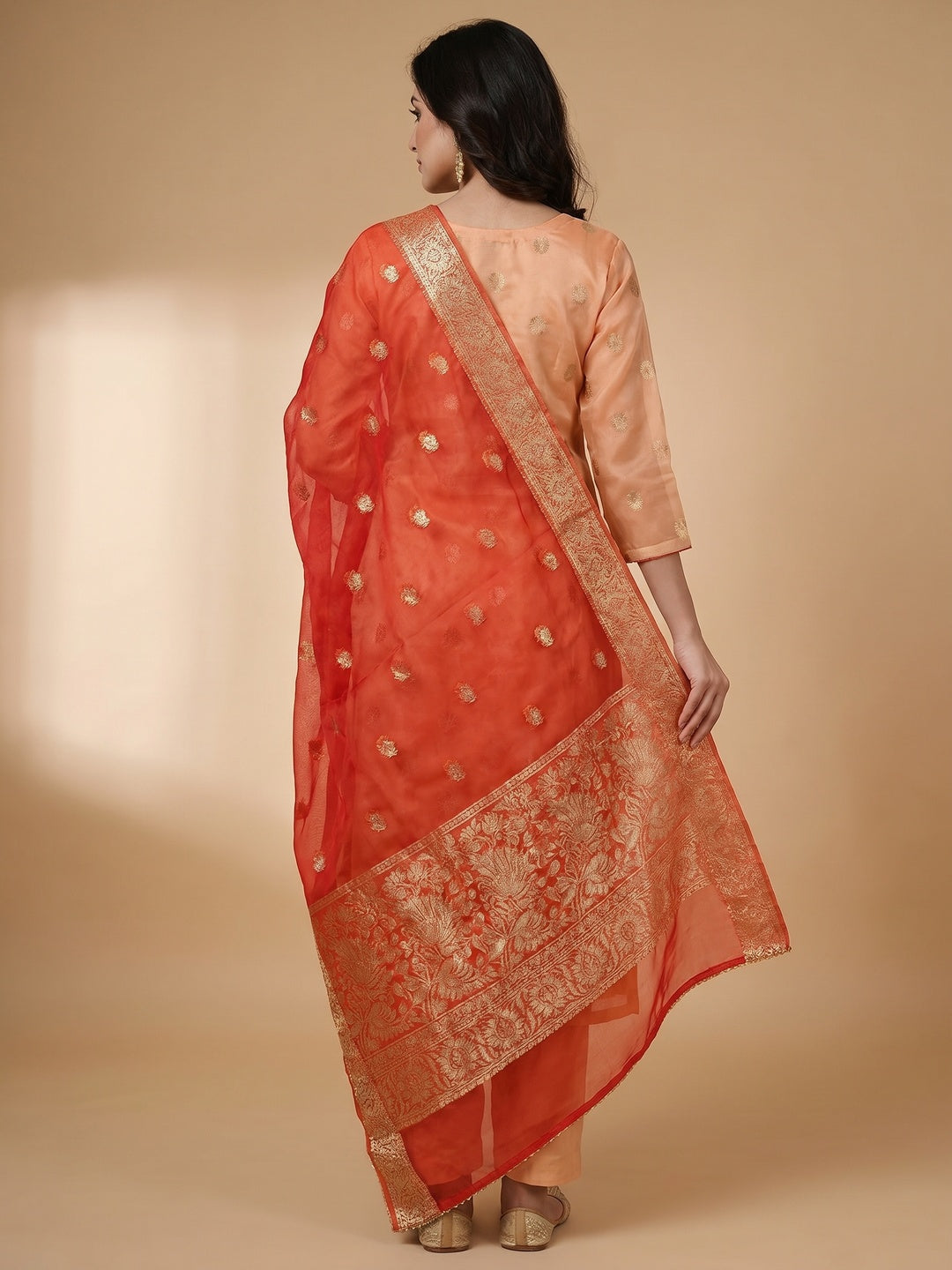 Peach Woven With Handwork Organza Dress Material - Image 3