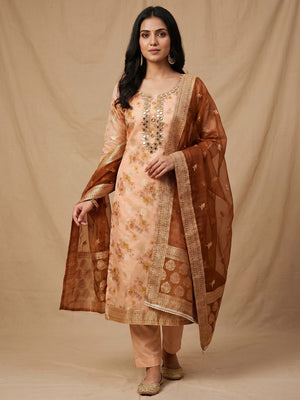 Peach Woven With Digital Printed Chanderi Silk Dress Material - Image 1