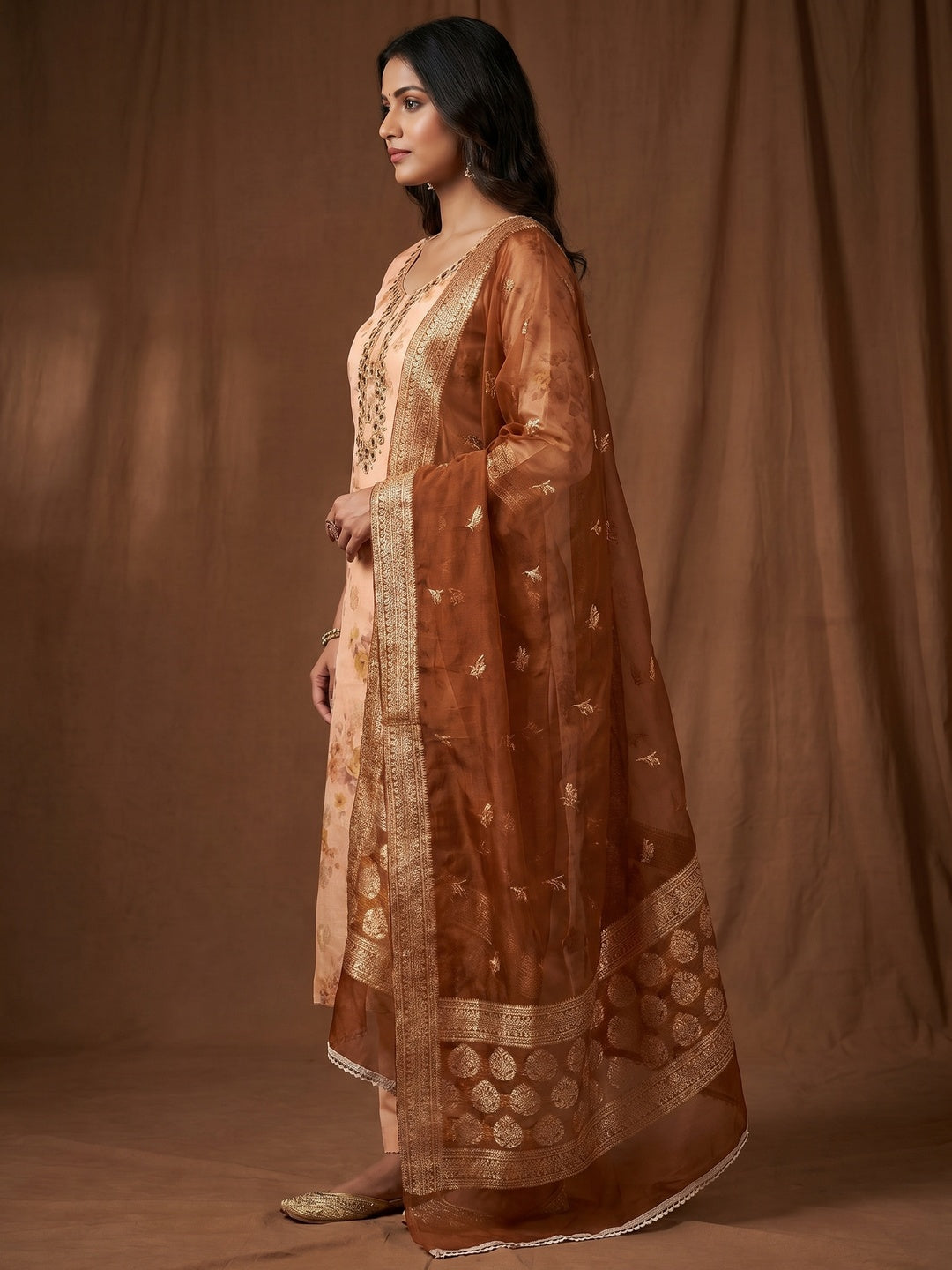Peach Woven With Digital Printed Chanderi Silk Dress Material - Image 3