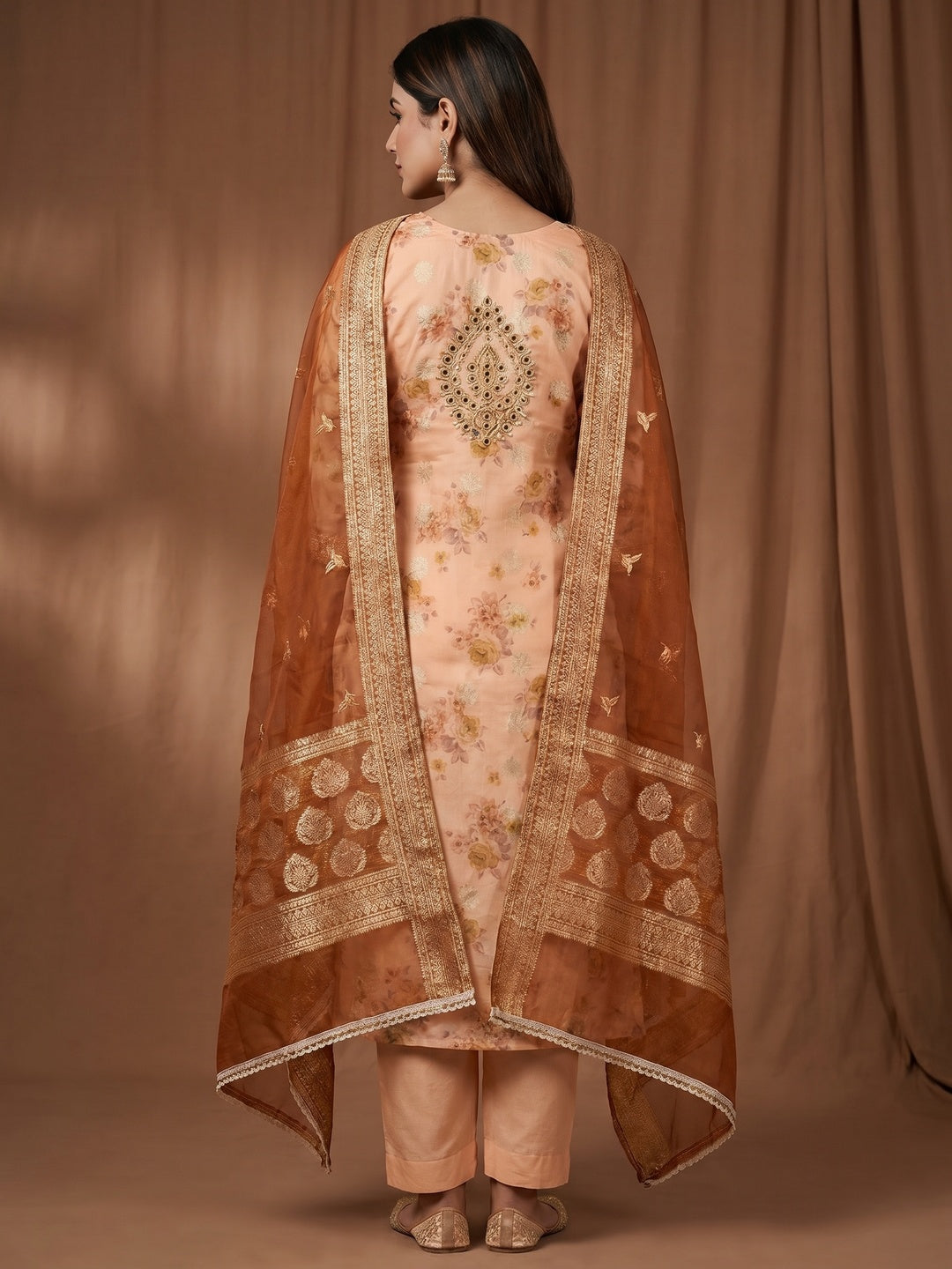 Peach Woven With Digital Printed Chanderi Silk Dress Material - Image 2