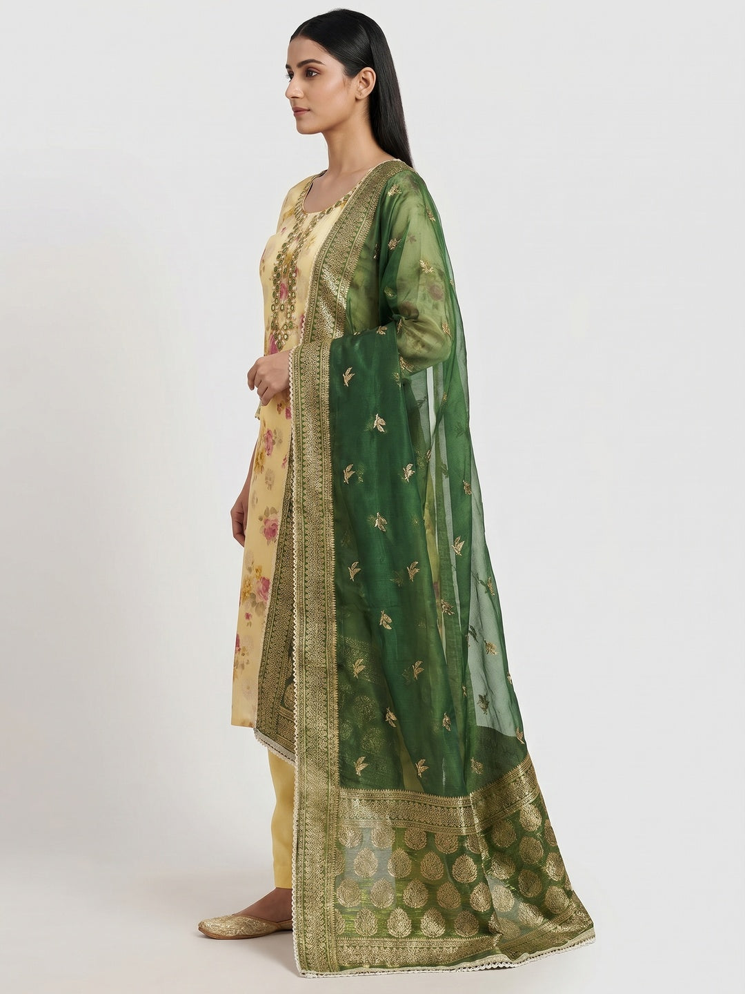 Yellow Woven With Digital Printed Chanderi Silk Dress Material - Image 2