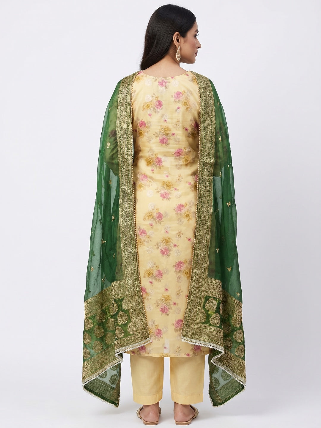 Yellow Woven With Digital Printed Chanderi Silk Dress Material - Image 3