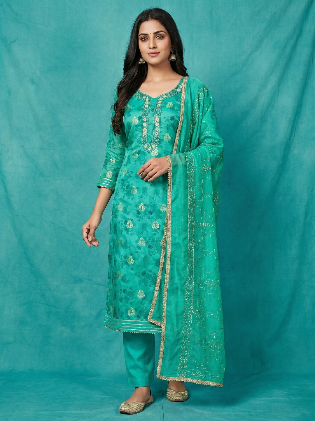 Turquoise Floral Printed Chanderi Silk Dress Material - Image 1