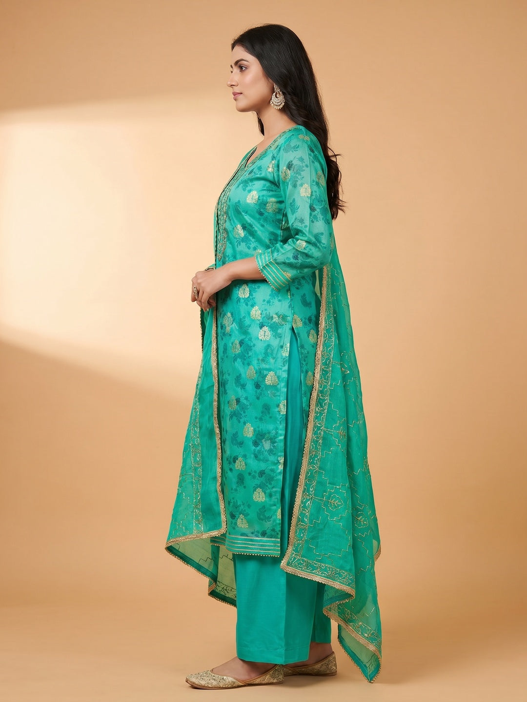 Turquoise Floral Printed Chanderi Silk Dress Material - Image 2