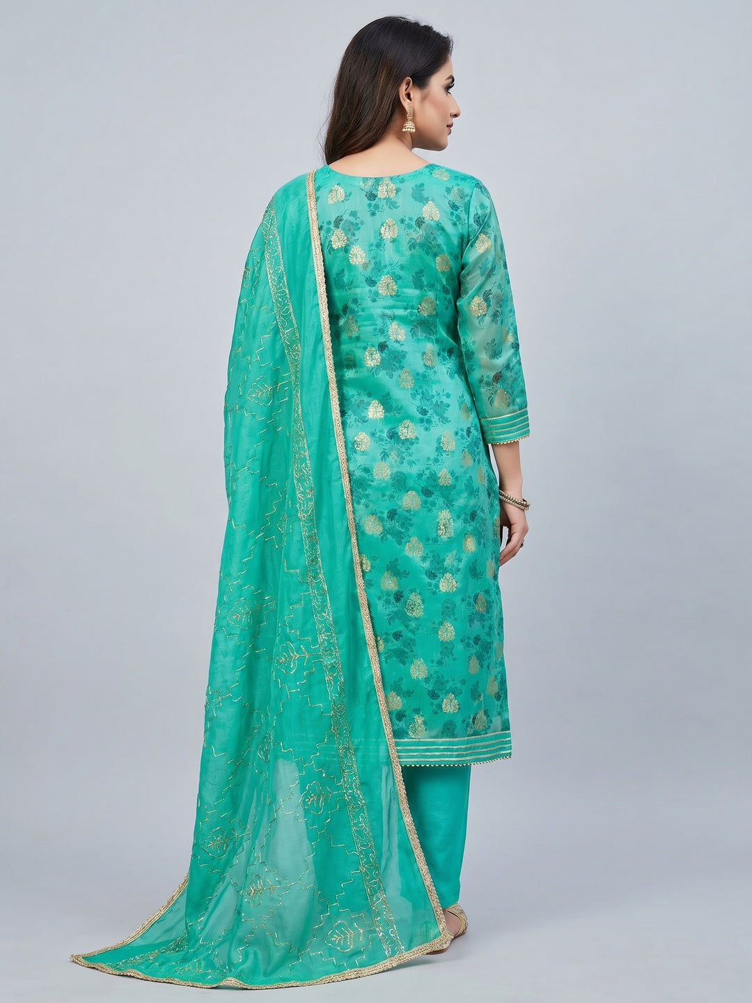 Turquoise Floral Printed Chanderi Silk Dress Material - Image 3