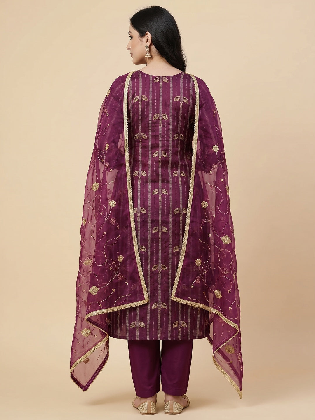 Wine Foil Printed Chanderi Silk Dress Material - Image 2