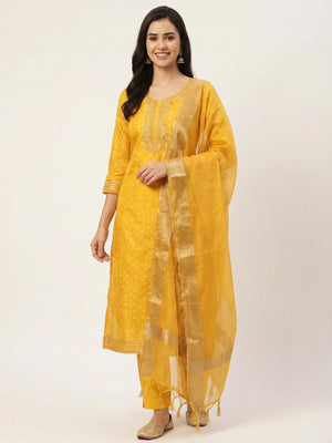 Yellow Woven Chanderi Silk Dress Material - Image 1