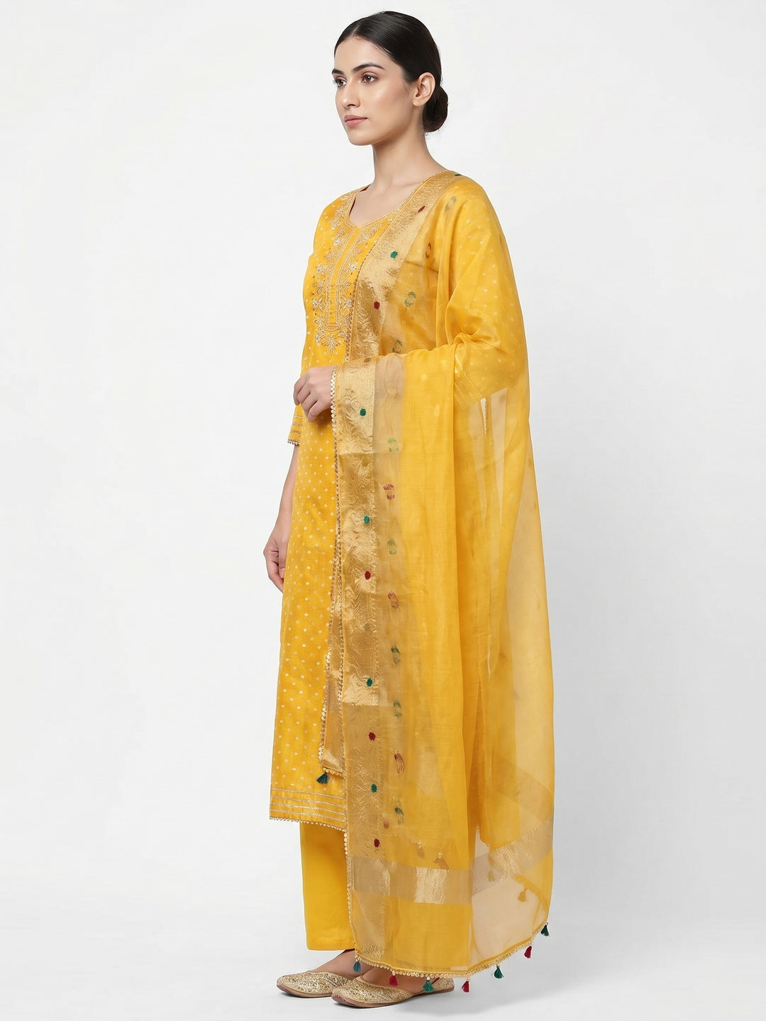 Yellow Woven Chanderi Silk Dress Material - Image 2