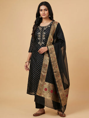Black Woven Chanderi Silk Dress Material - Image 1