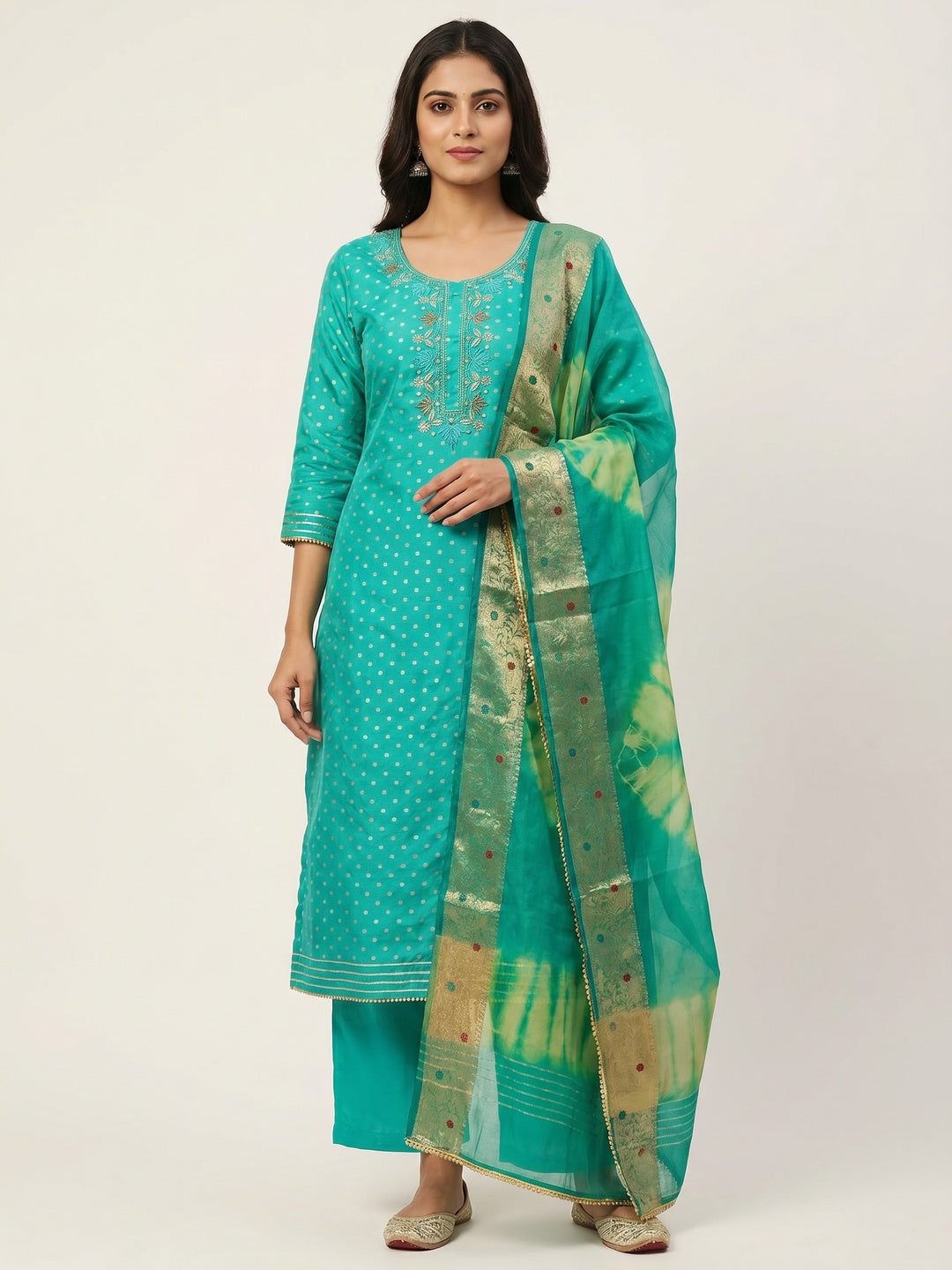 Turquoise Woven Chanderi Silk Dress Material - Image 1