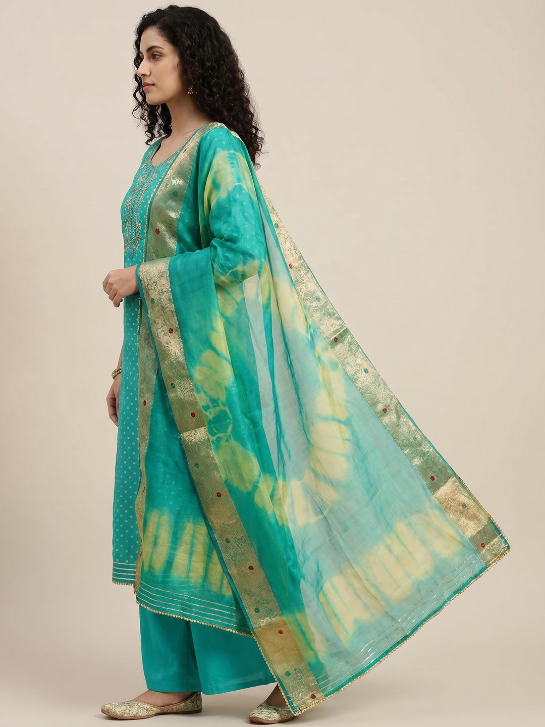 Turquoise Woven Chanderi Silk Dress Material - Image 3