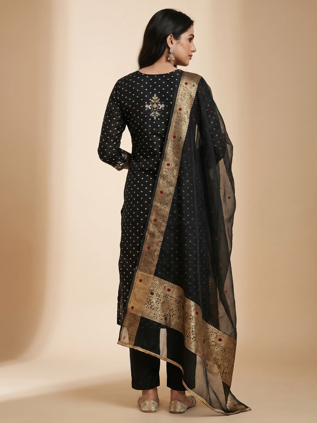 Black Woven Chanderi Silk Dress Material - Image 2