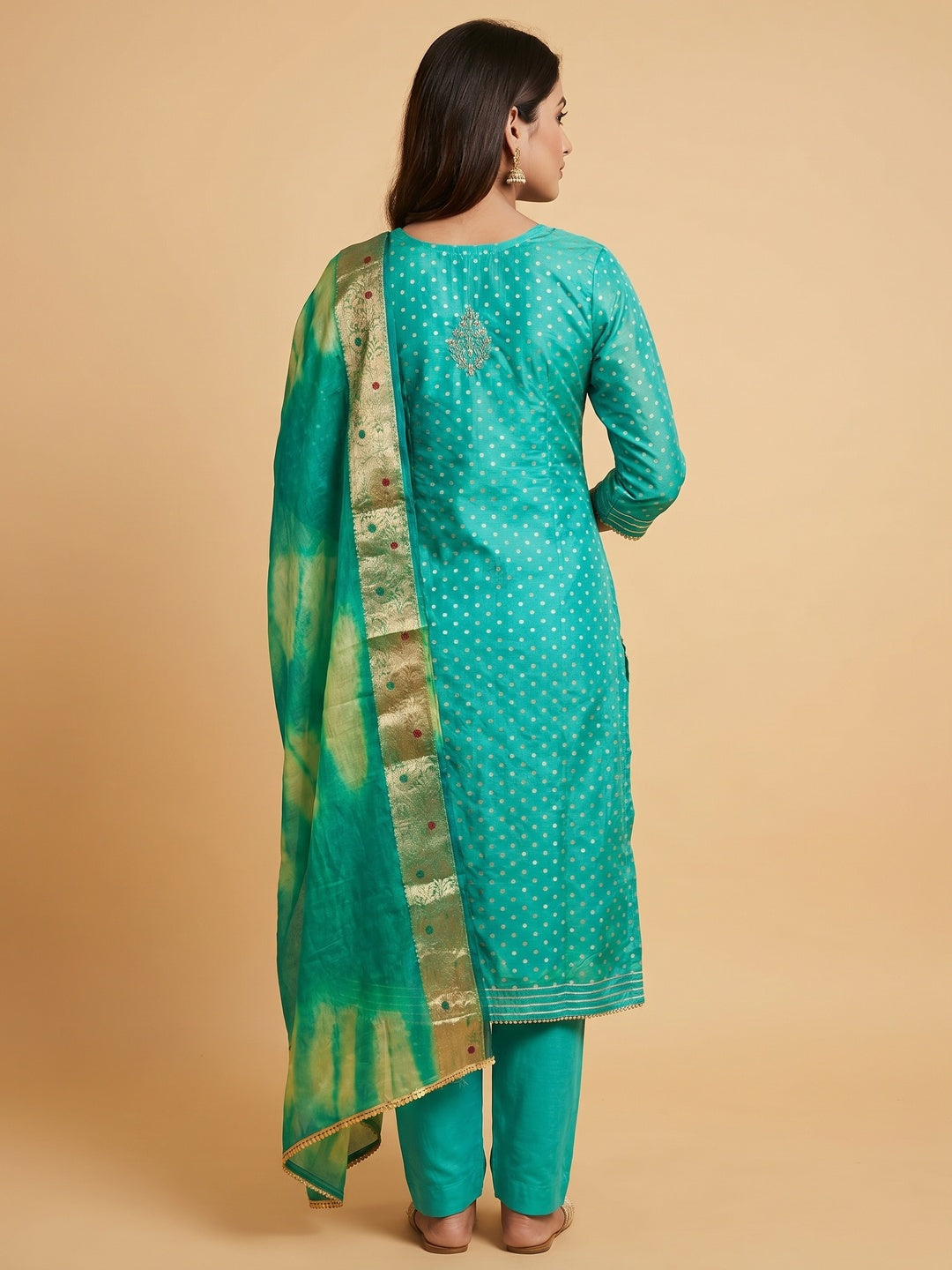 Turquoise Woven Chanderi Silk Dress Material - Image 2