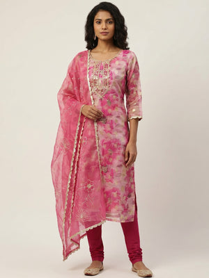 Pink Floral Digital Printed Organza Dress Material - Image 1