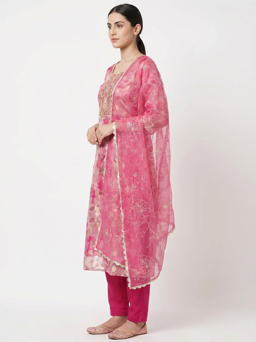 Pink Floral Digital Printed Organza Dress Material - Image 3