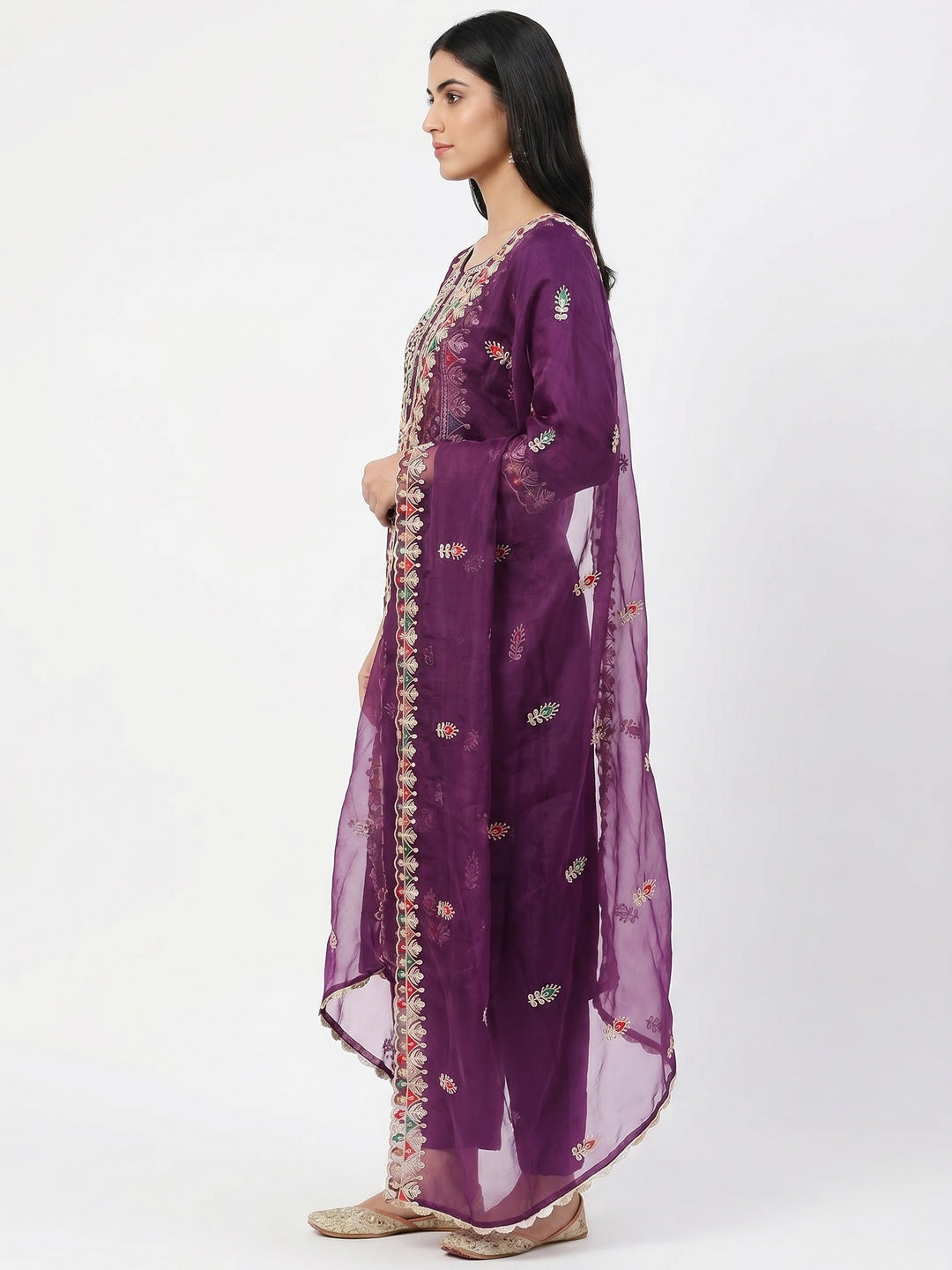 Purple Floral Embroidered Organza Dress Material - Image 3