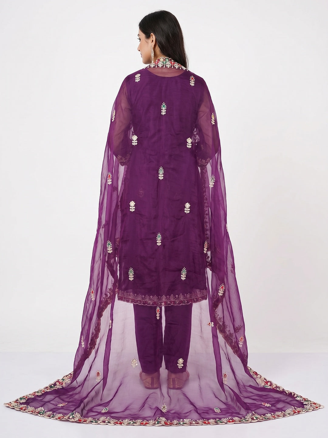 Purple Floral Embroidered Organza Dress Material - Image 2