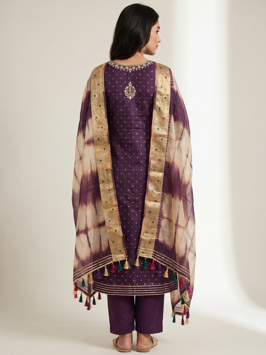 Purple Woven With Handwork Chanderi Silk Dress Material - Image 2