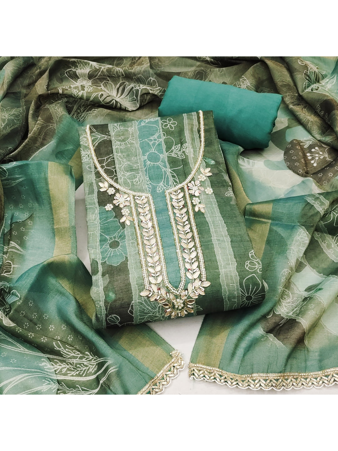 Peachmode Teal Pure Cotton Lilian Dress Material with Embroidered Dupatta - Image 1