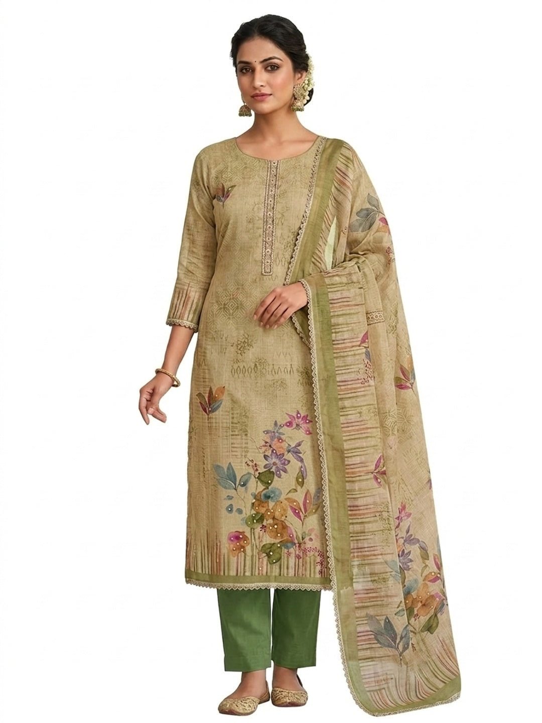 Peachmode Green Pure Cotton Lilian Dress Material with Embroidered Dupatta - Image 6