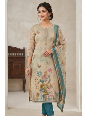 Peachmode Teal Pure Cotton Lilian Dress Material with Embroidered Dupatta - Image 1