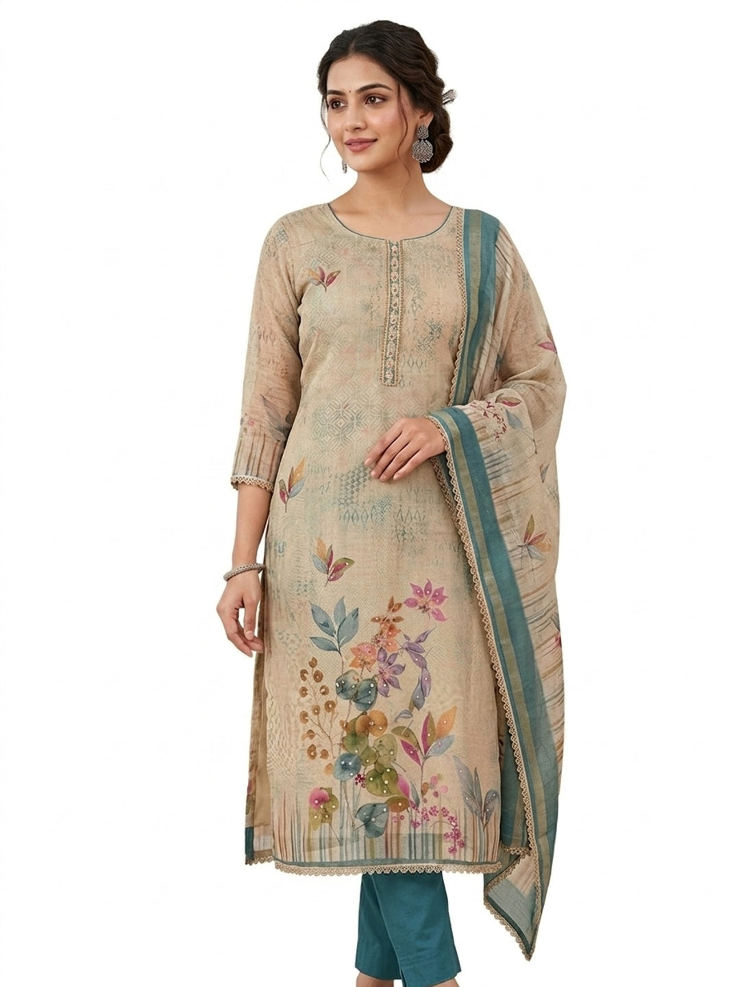 Peachmode Teal Pure Cotton Lilian Dress Material with Embroidered Dupatta - Image 6