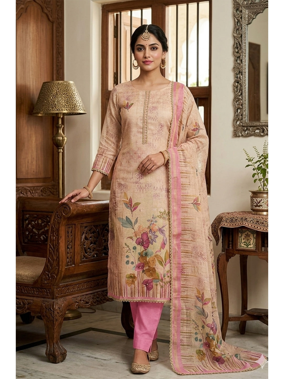 Peachmode Pink Pure Cotton Lilian Dress Material with Embroidered Dupatta - Image 1