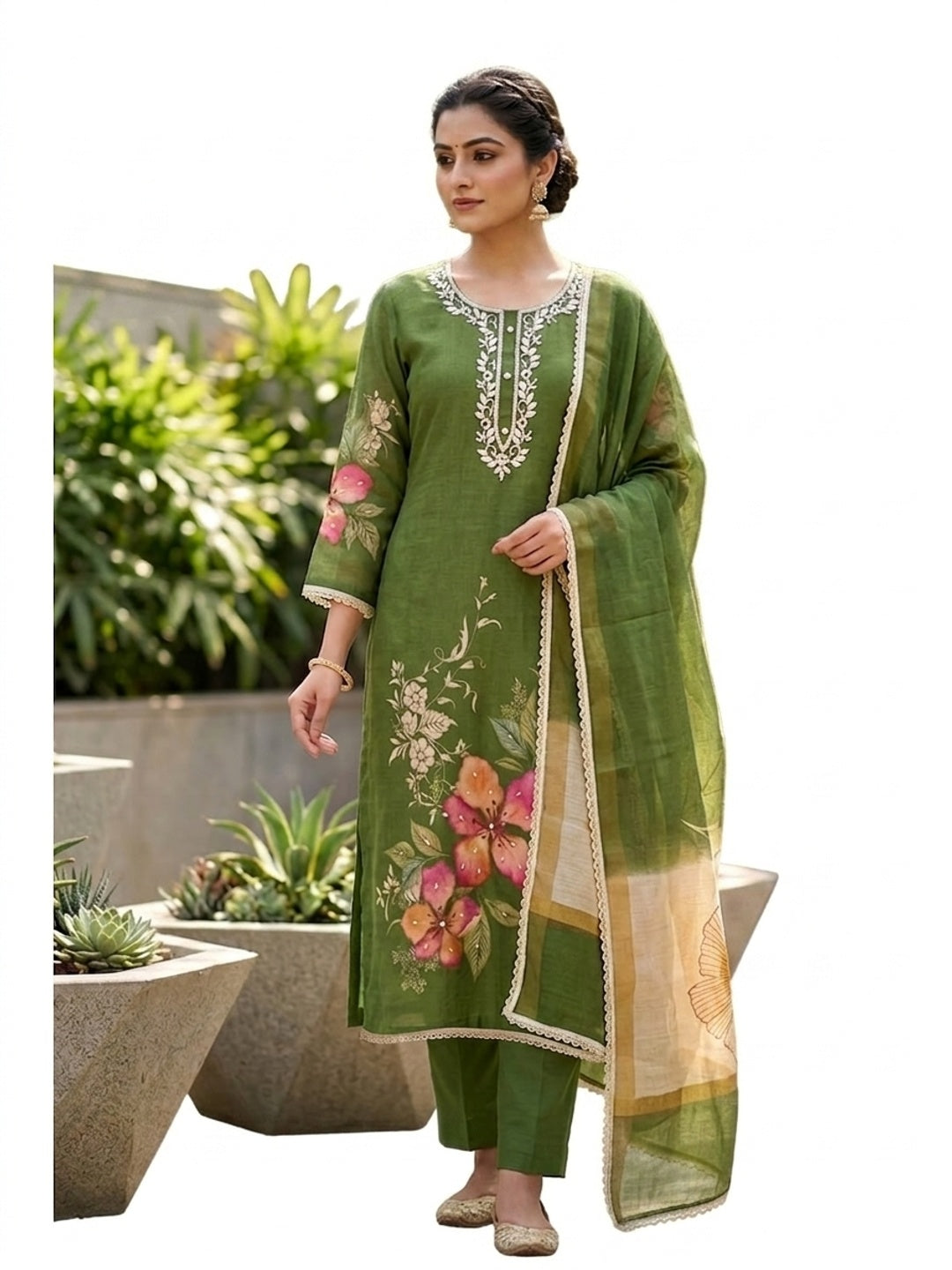 Peachmode Green Pure Cotton Lilian Dress Material with Embroidered Dupatta - Image 5