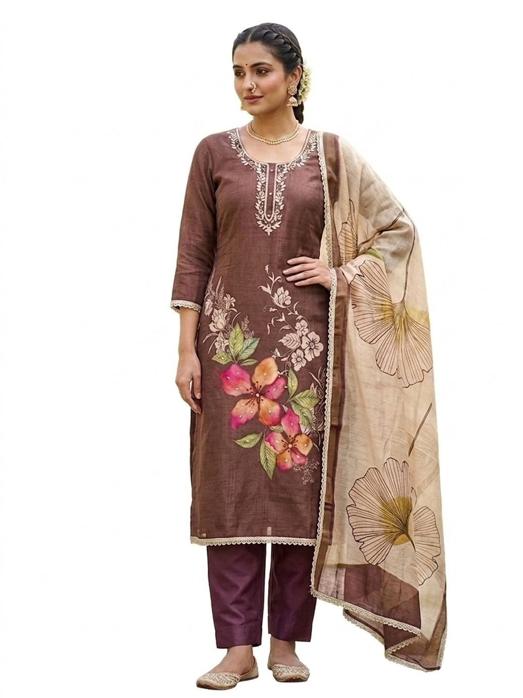 Peachmode Brown Pure Cotton Lilian Dress Material with Embroidered Dupatta - Image 6